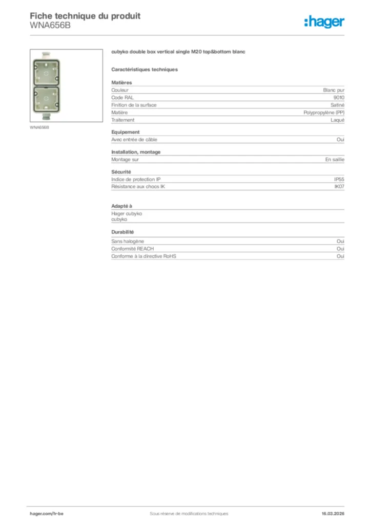 Image Hager Fiche technique du produit WNA656B | Hager Belgique