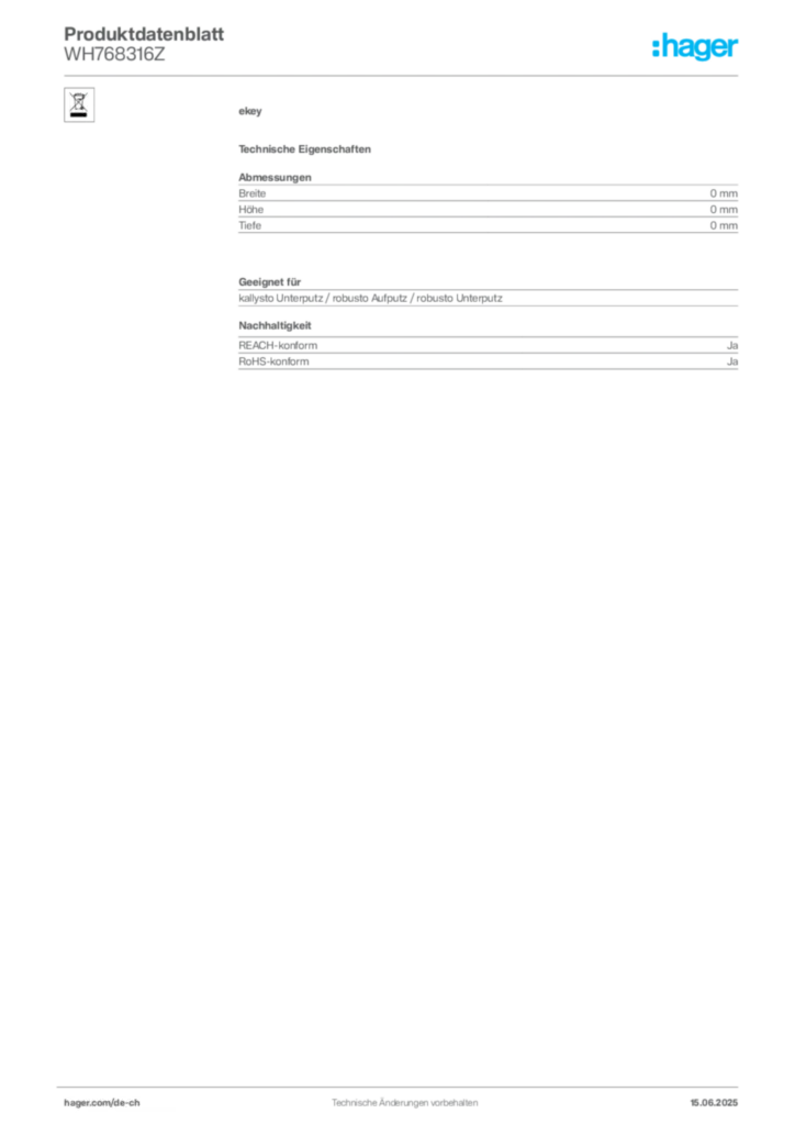 Bild Hager Produktdatenblatt WH768316Z | Hager Schweiz