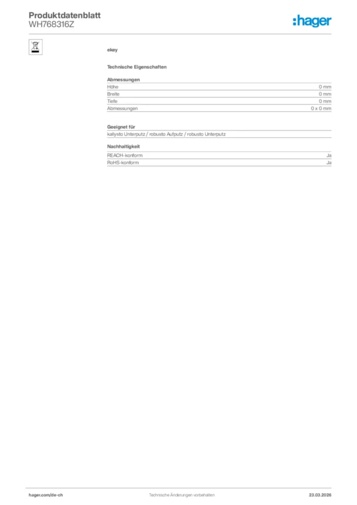 Bild Hager Produktdatenblatt WH768316Z | Hager Schweiz