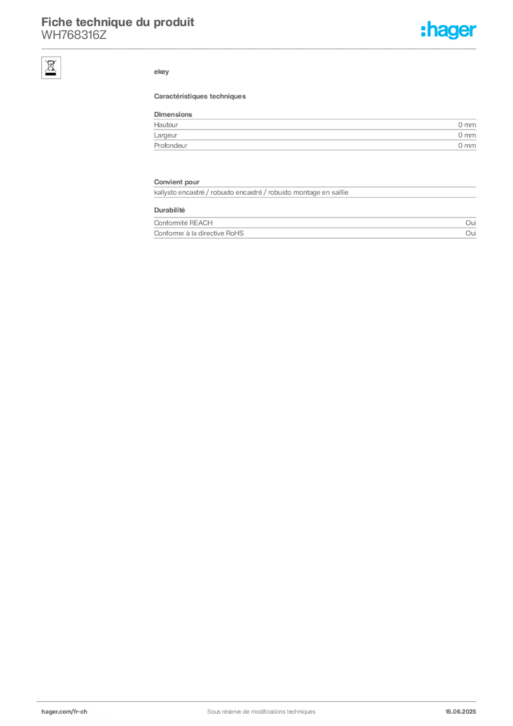 Image Hager Fiche technique du produit WH768316Z | Hager Suisse