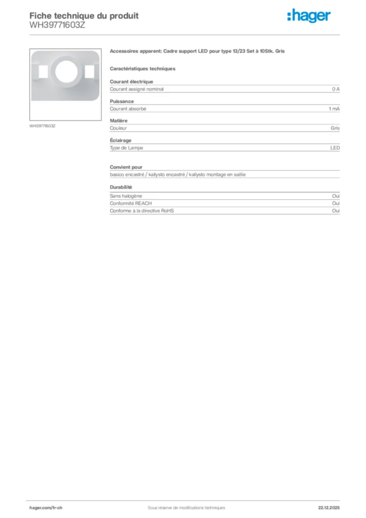 Image Hager Fiche technique du produit WH39771603Z | Hager Suisse