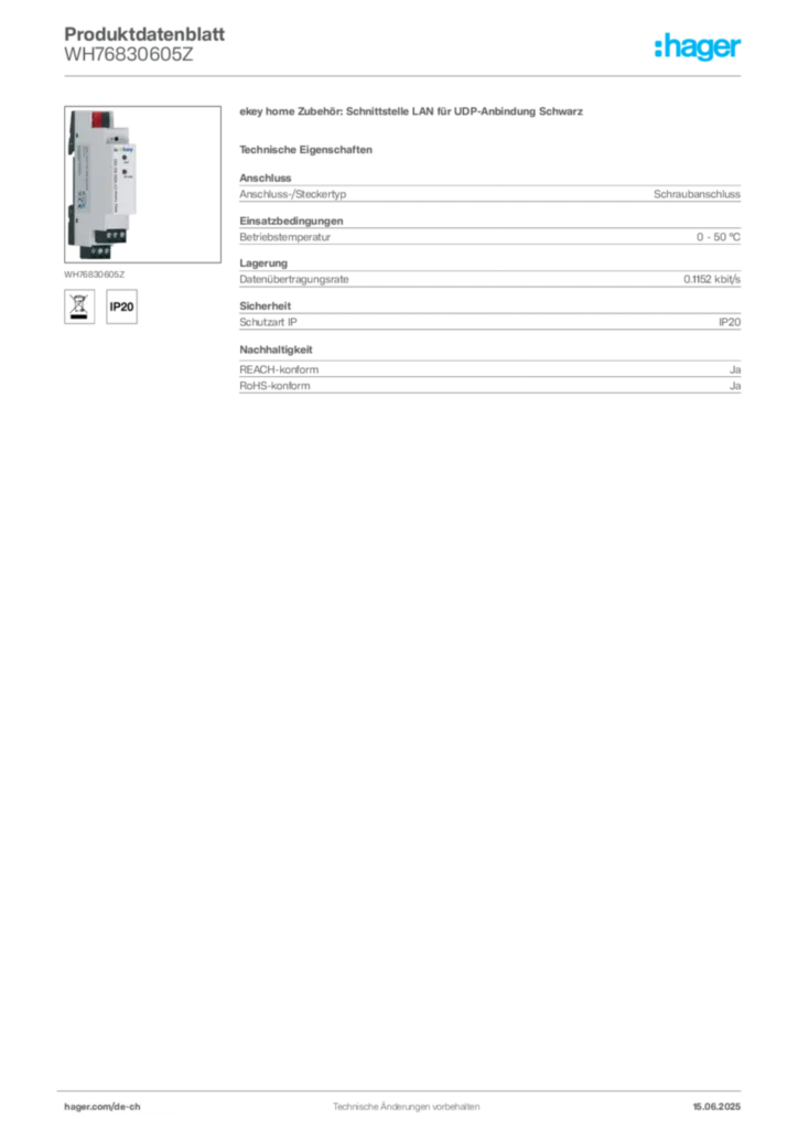 Bild Hager Produktdatenblatt WH76830605Z | Hager Schweiz