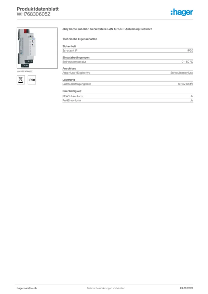 Bild Hager Produktdatenblatt WH76830605Z | Hager Schweiz