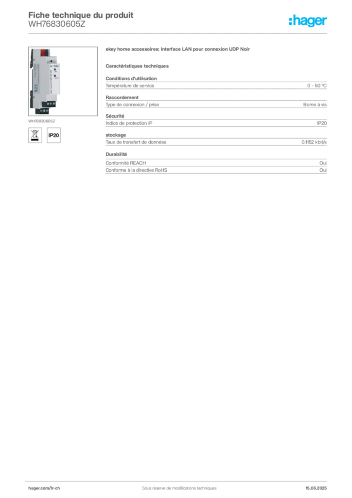 Image Hager Fiche technique du produit WH76830605Z | Hager Suisse