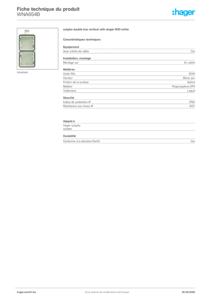 Image Hager Fiche technique du produit WNA654B | Hager Belgique