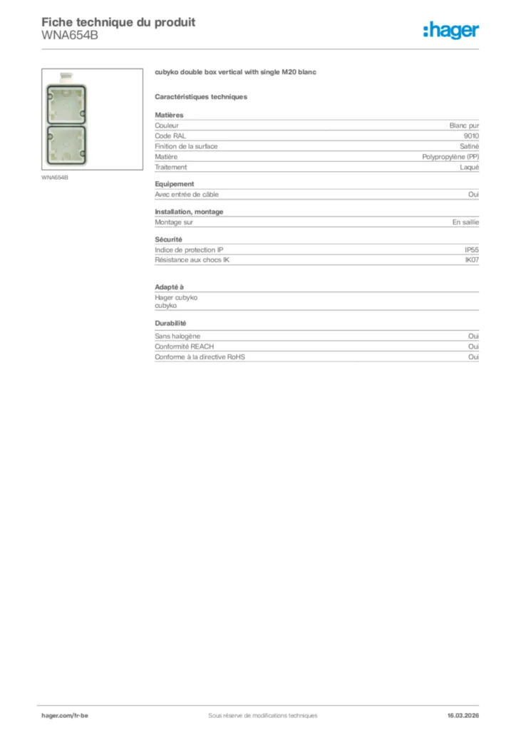 Image Hager Fiche technique du produit WNA654B | Hager Belgique