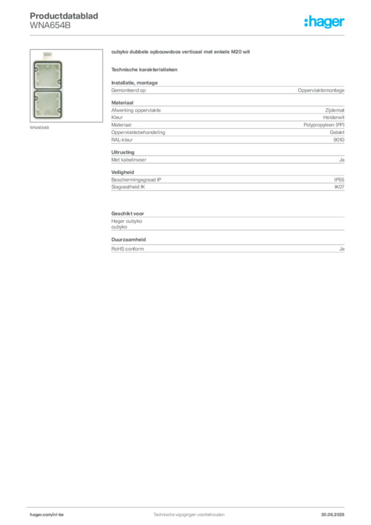 Afbeelding Hager Productdatablad WNA654B | Hager Belgium