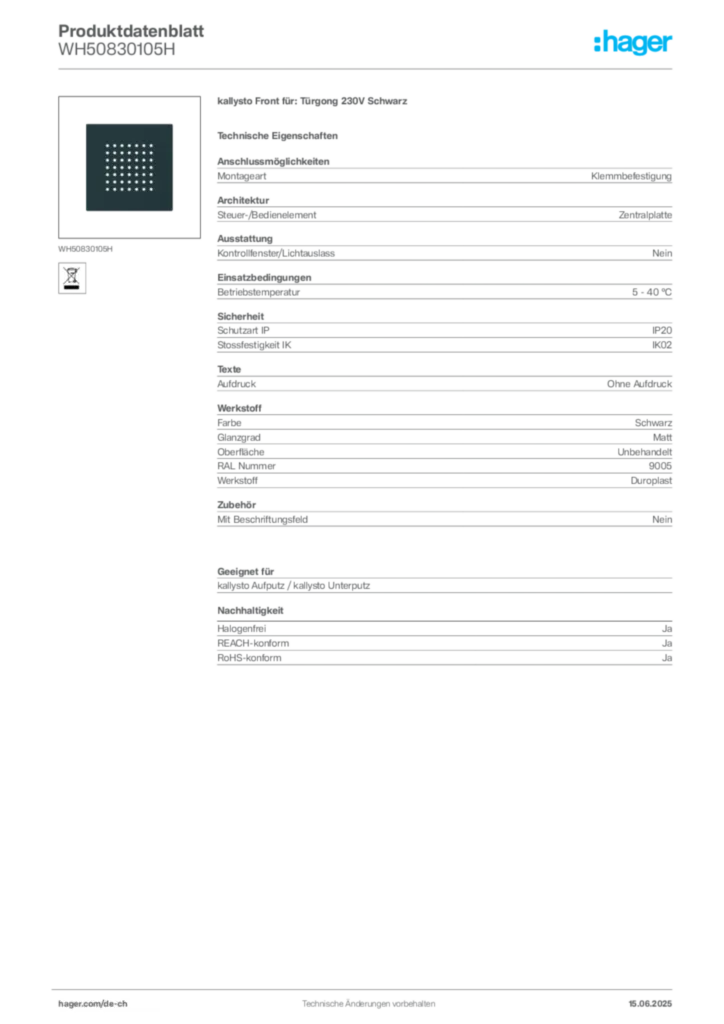 Bild Hager Produktdatenblatt WH50830105H | Hager Schweiz