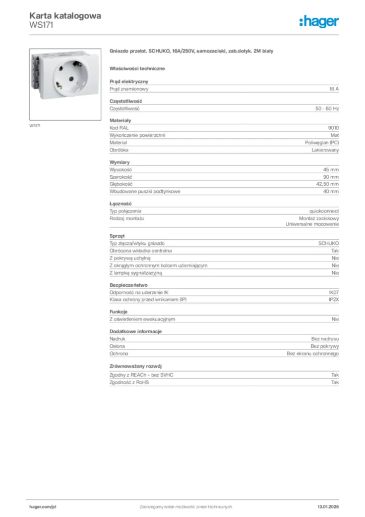 Zdjęcie Hager Karta katalogowa WS171 | Hager Polska