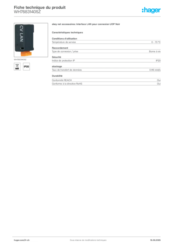 Image Hager Fiche technique du produit WH76831405Z | Hager Suisse