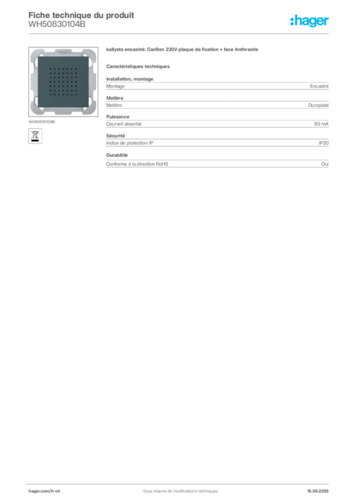 Image Hager Fiche technique du produit WH50830104B | Hager Suisse