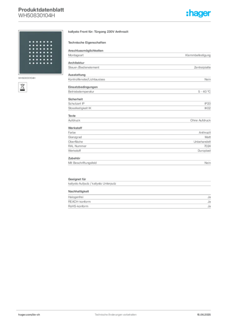 Bild Hager Produktdatenblatt WH50830104H | Hager Schweiz