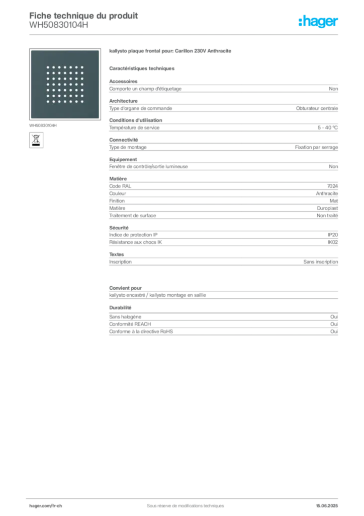 Image Hager Fiche technique du produit WH50830104H | Hager Suisse