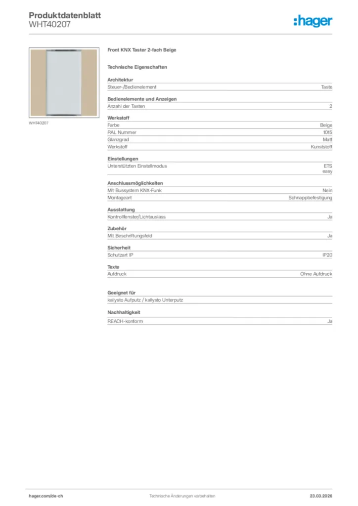 Bild Hager Produktdatenblatt WHT40207 | Hager Schweiz