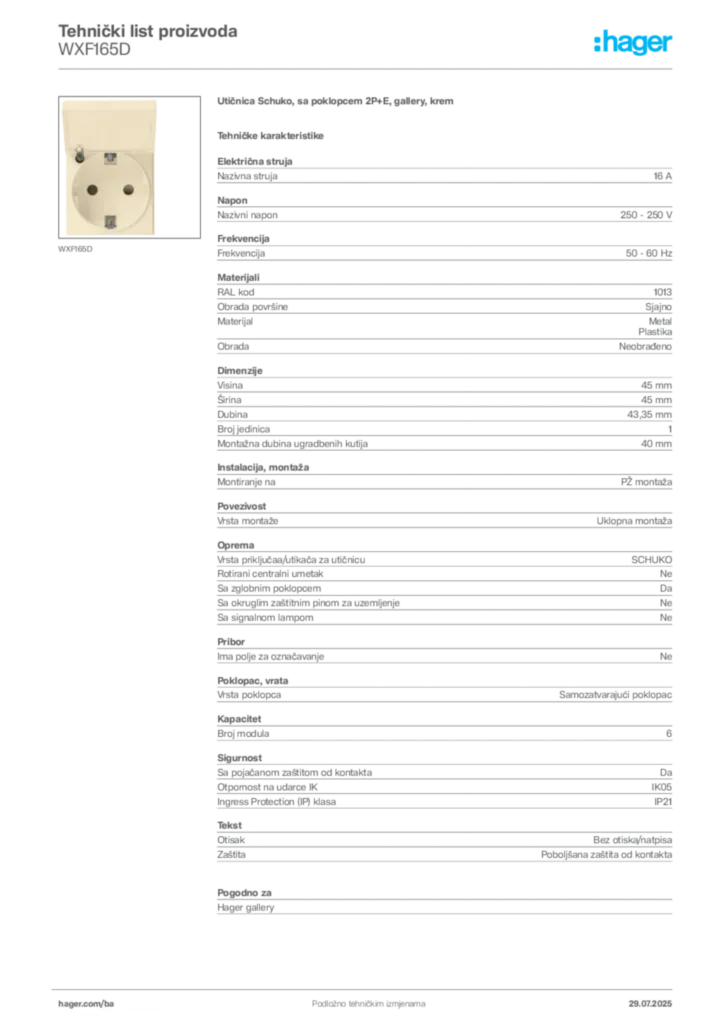 Slika Hager Product data sheet WXF165D  | Hager