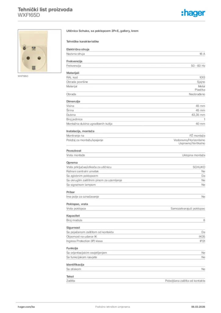 Slika Hager Tehnički list proizvoda WXF165D  | Hager