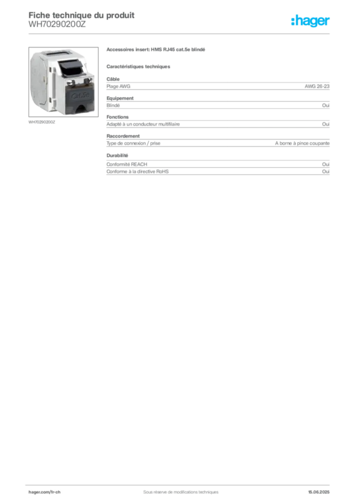 Image Hager Fiche technique du produit WH70290200Z | Hager Suisse