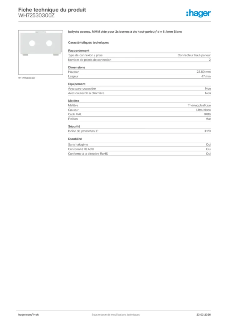 Image Hager Fiche technique du produit WH72530300Z | Hager Suisse