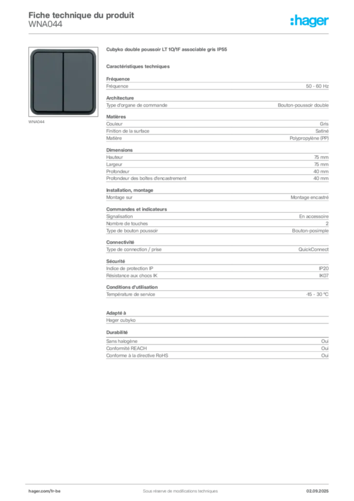 Image Hager Fiche technique du produit WNA044 | Hager Belgique