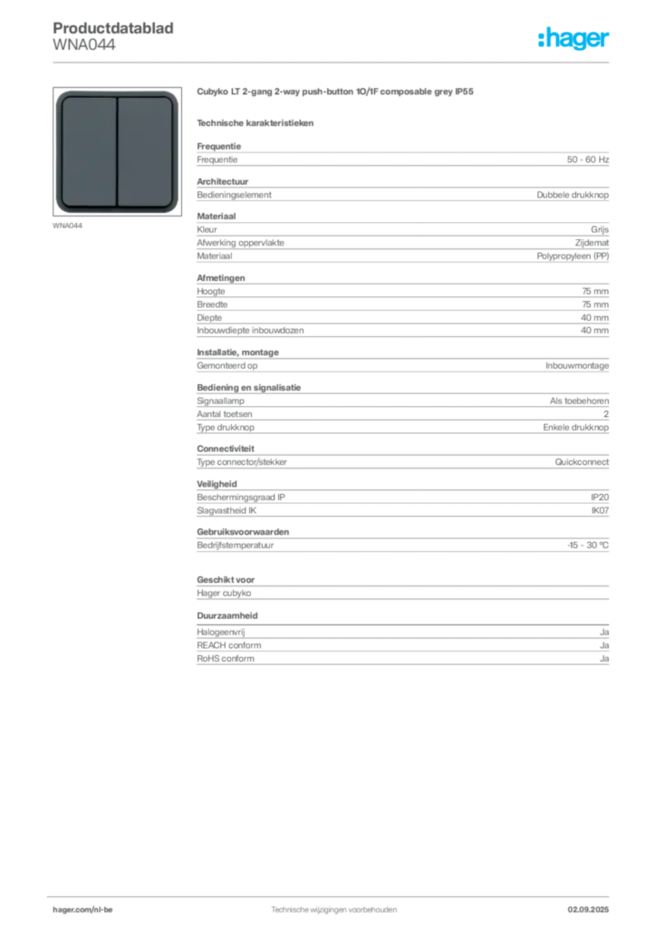 Afbeelding Hager Productdatablad WNA044 | Hager Belgium