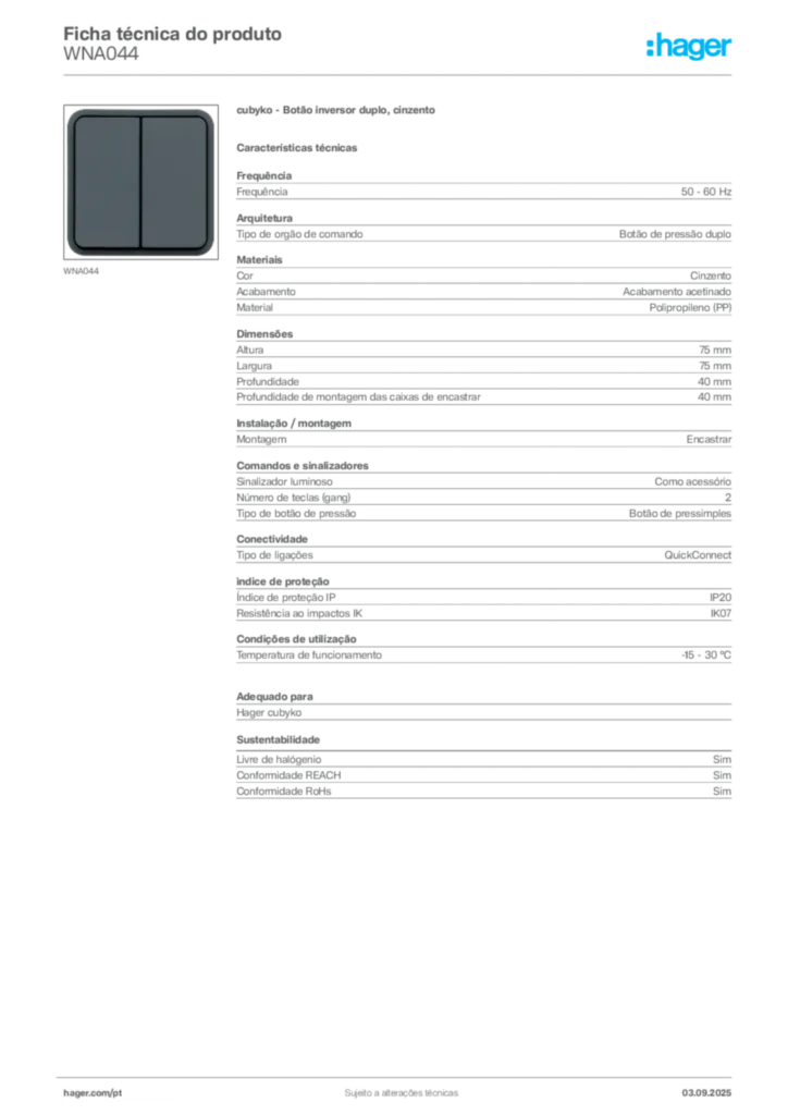 Imagem Hager Ficha técnica do produto WNA044 | Hager Portugal