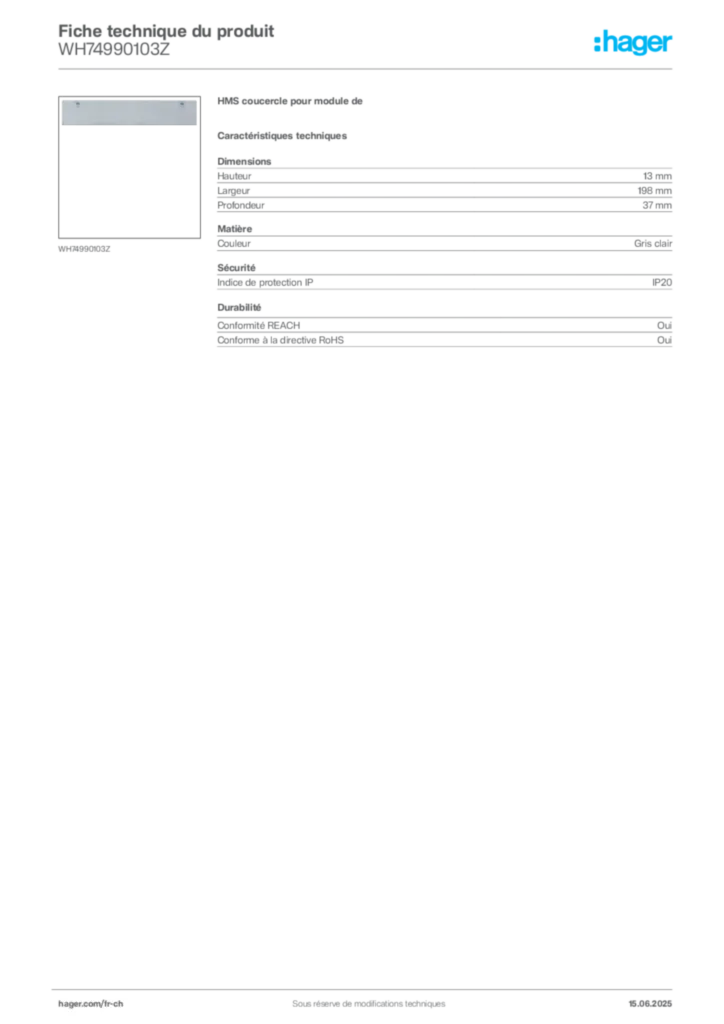 Image Hager Fiche technique du produit WH74990103Z | Hager Suisse