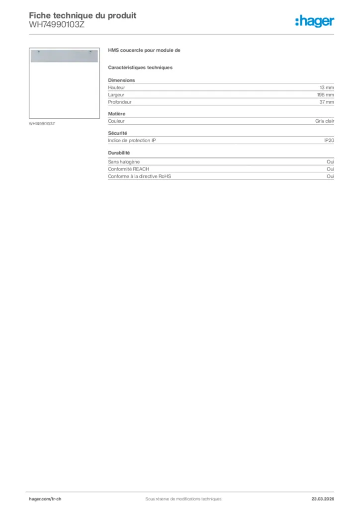 Image Hager Fiche technique du produit WH74990103Z | Hager Suisse