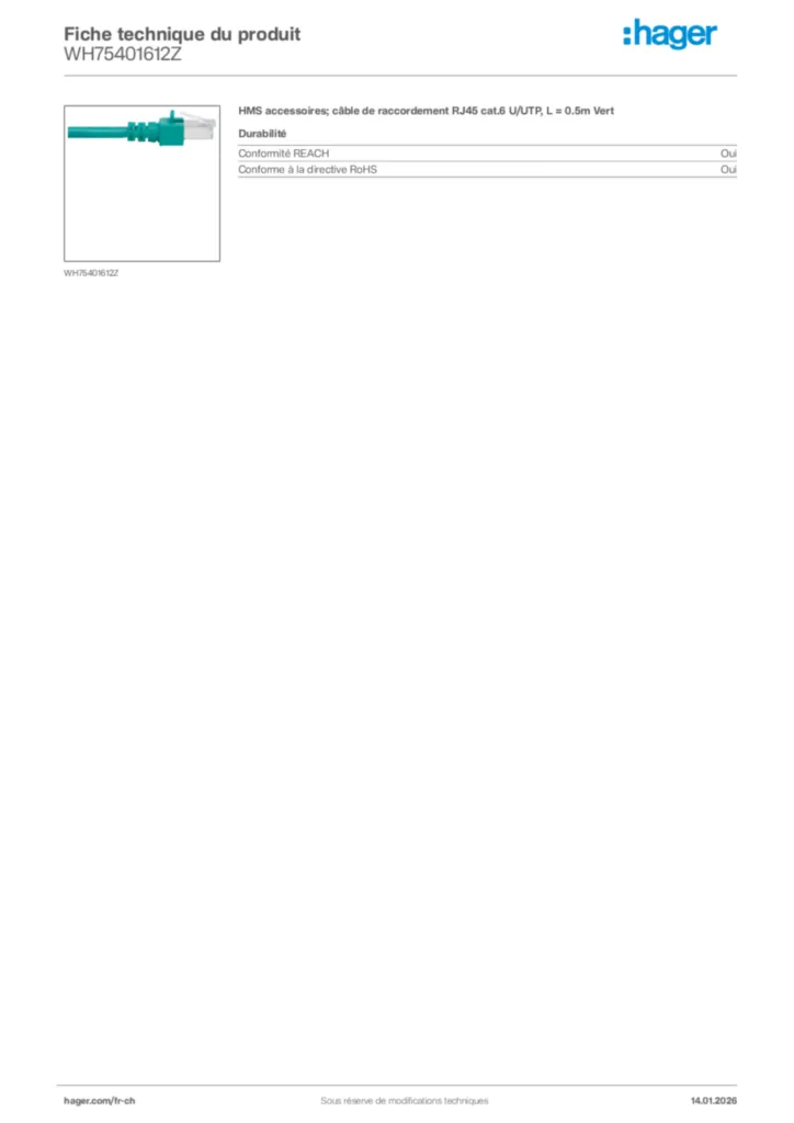 Image Hager Fiche technique du produit WH75401612Z | Hager Suisse