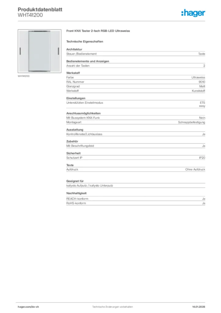 Bild Hager Produktdatenblatt WHT41200 | Hager Schweiz