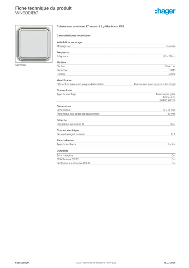 Image Hager Fiche technique du produit WNE001BG | Hager France
