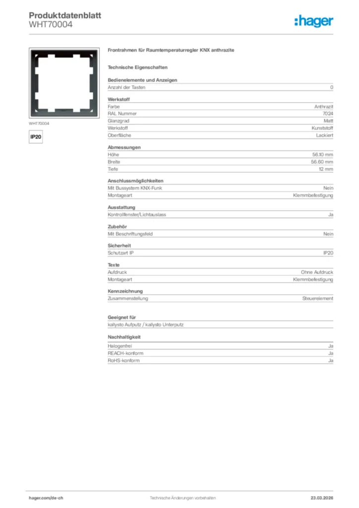 Bild Hager Produktdatenblatt WHT70004 | Hager Schweiz