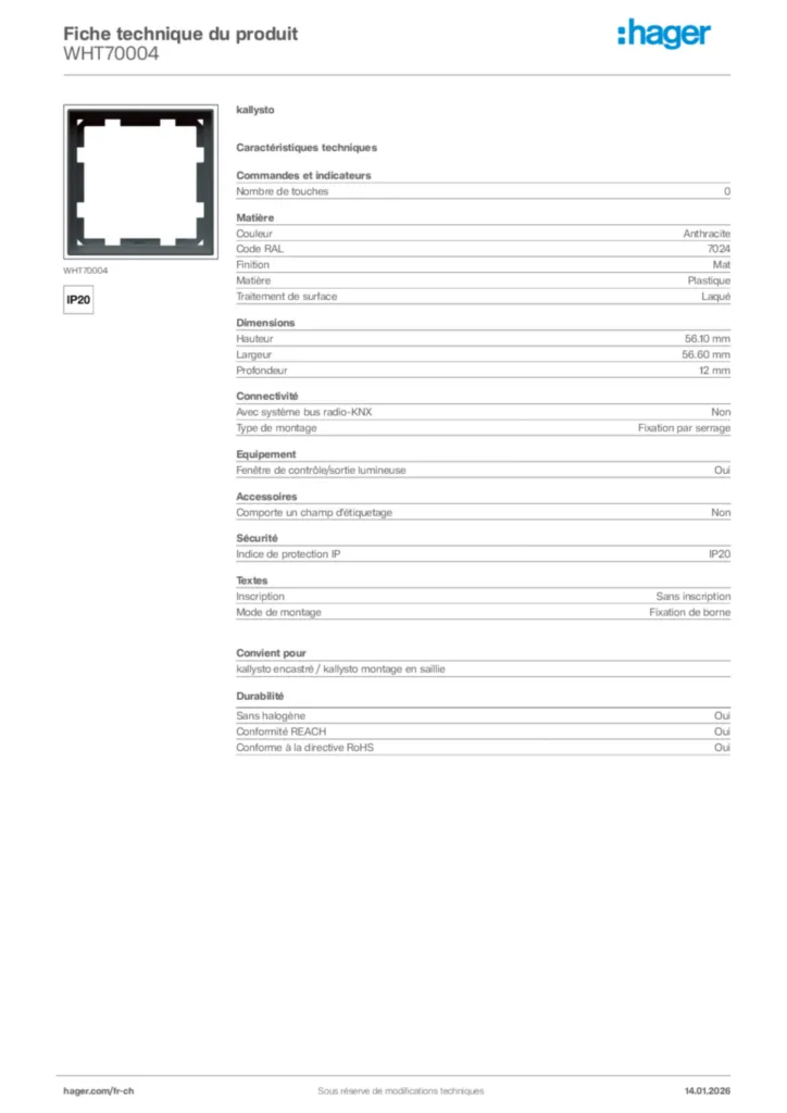 Image Hager Fiche technique du produit WHT70004 | Hager Suisse