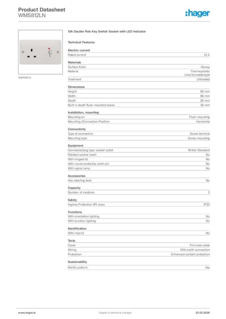 Image Hager Product data sheet WMS812LN  | Hager
