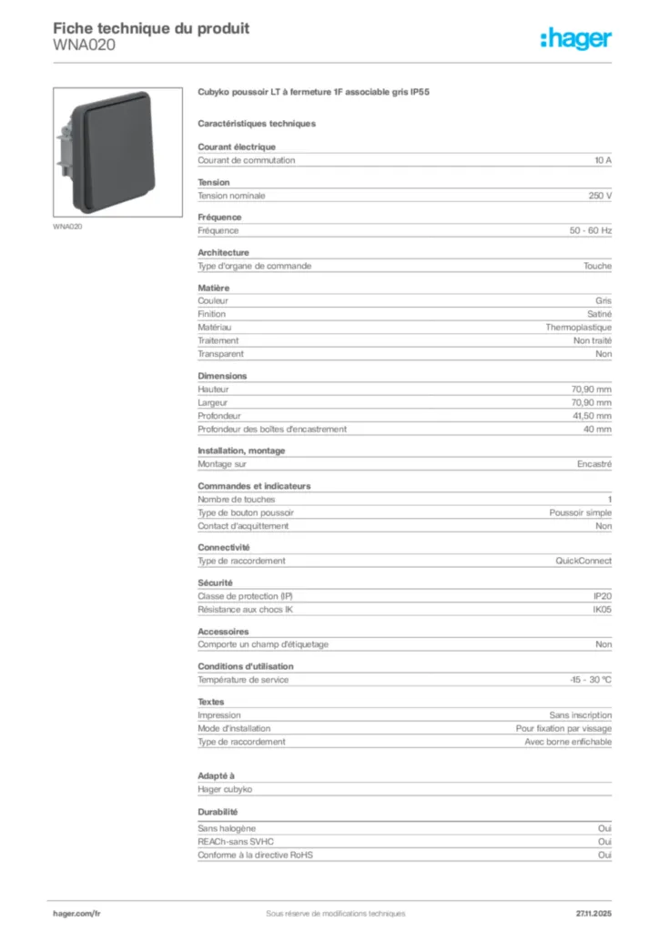 Image Hager Fiche technique du produit WNA020 | Hager France