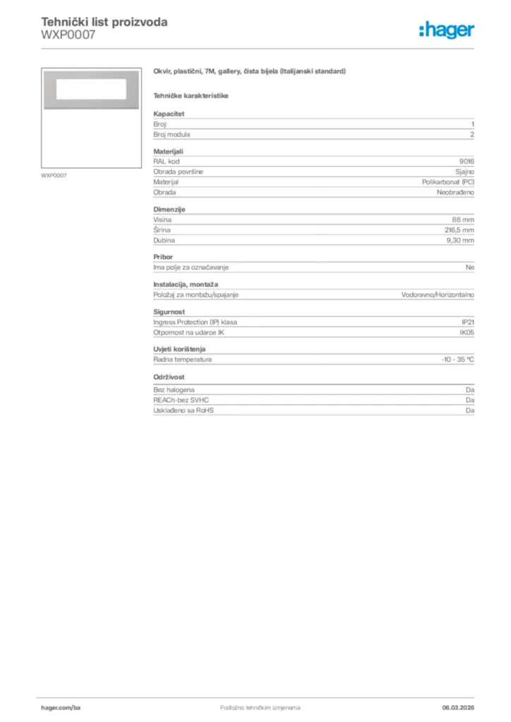 Slika Hager Tehnički list proizvoda WXP0007  | Hager