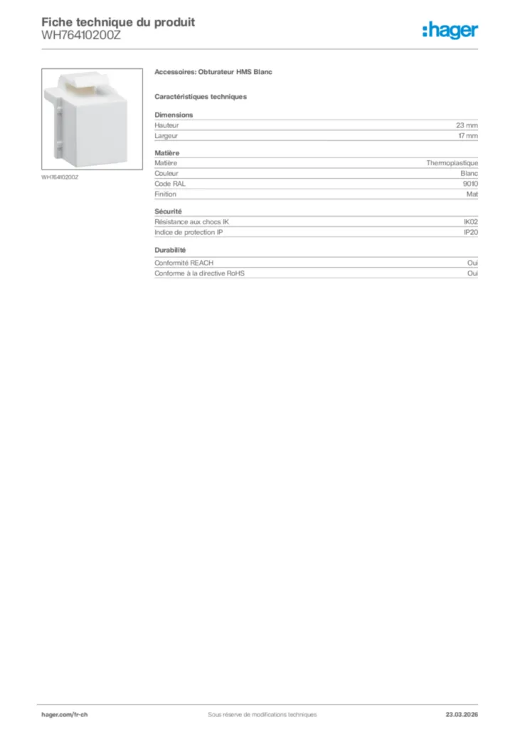Image Hager Fiche technique du produit WH76410200Z | Hager Suisse