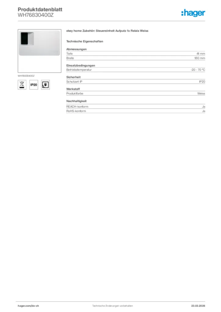 Bild Hager Produktdatenblatt WH76830400Z | Hager Schweiz
