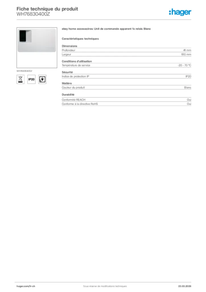 Image Hager Fiche technique du produit WH76830400Z | Hager Suisse