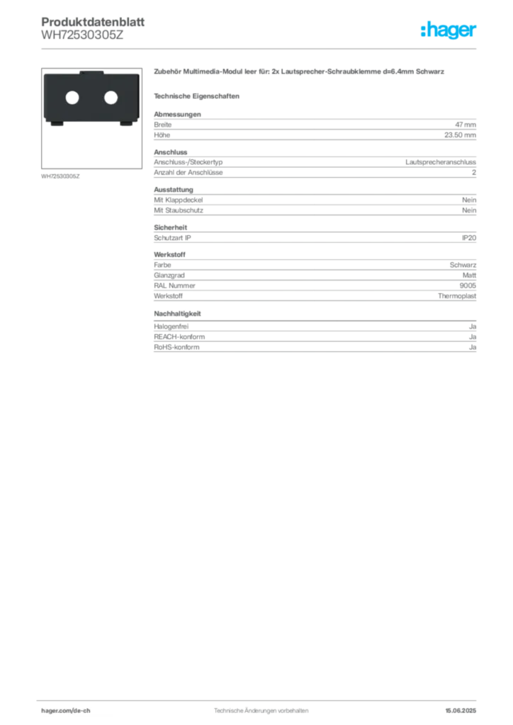 Bild Hager Produktdatenblatt WH72530305Z | Hager Schweiz