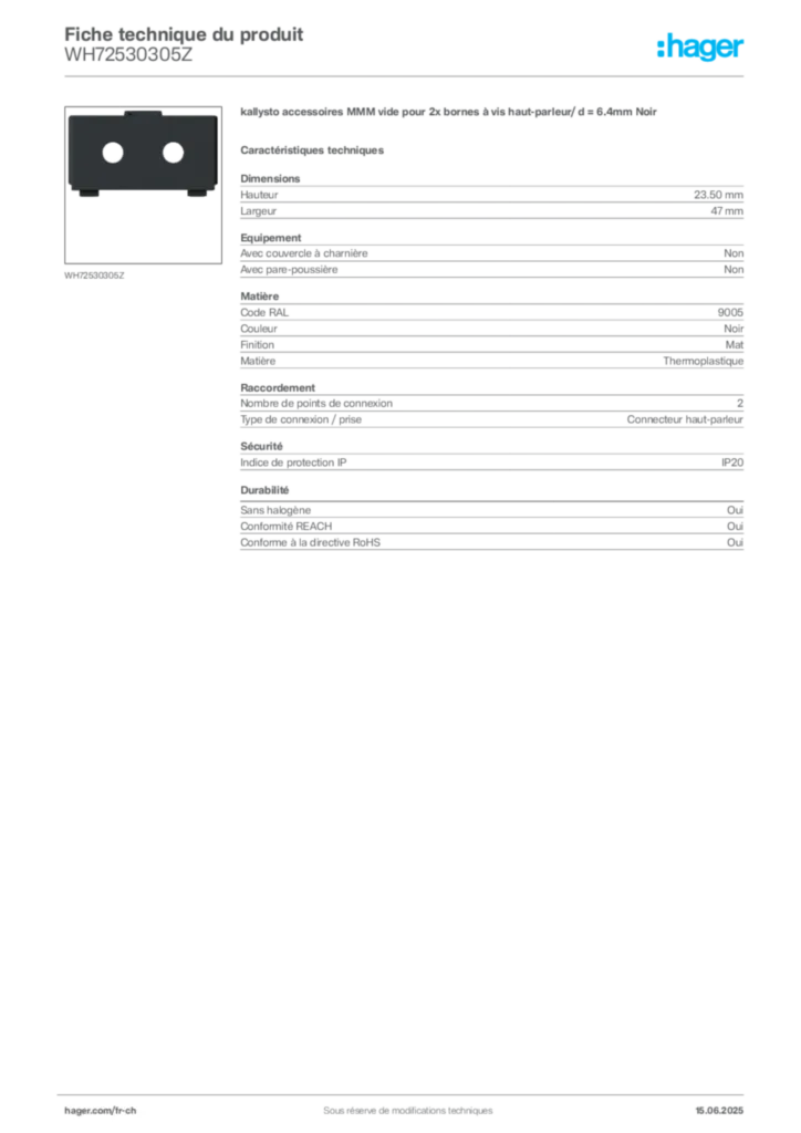 Image Hager Fiche technique du produit WH72530305Z | Hager Suisse