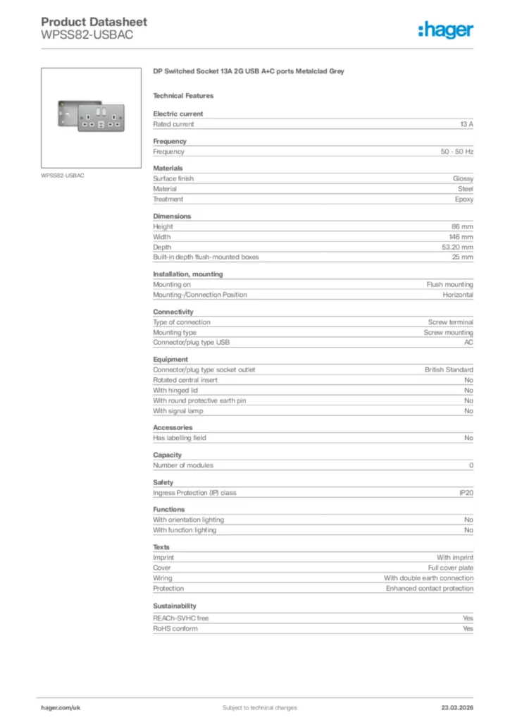 Image Hager Product data sheet WPSS82-USBAC  | Hager