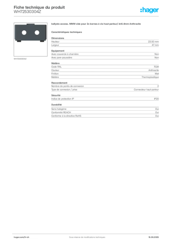 Image Hager Fiche technique du produit WH72530304Z | Hager Suisse