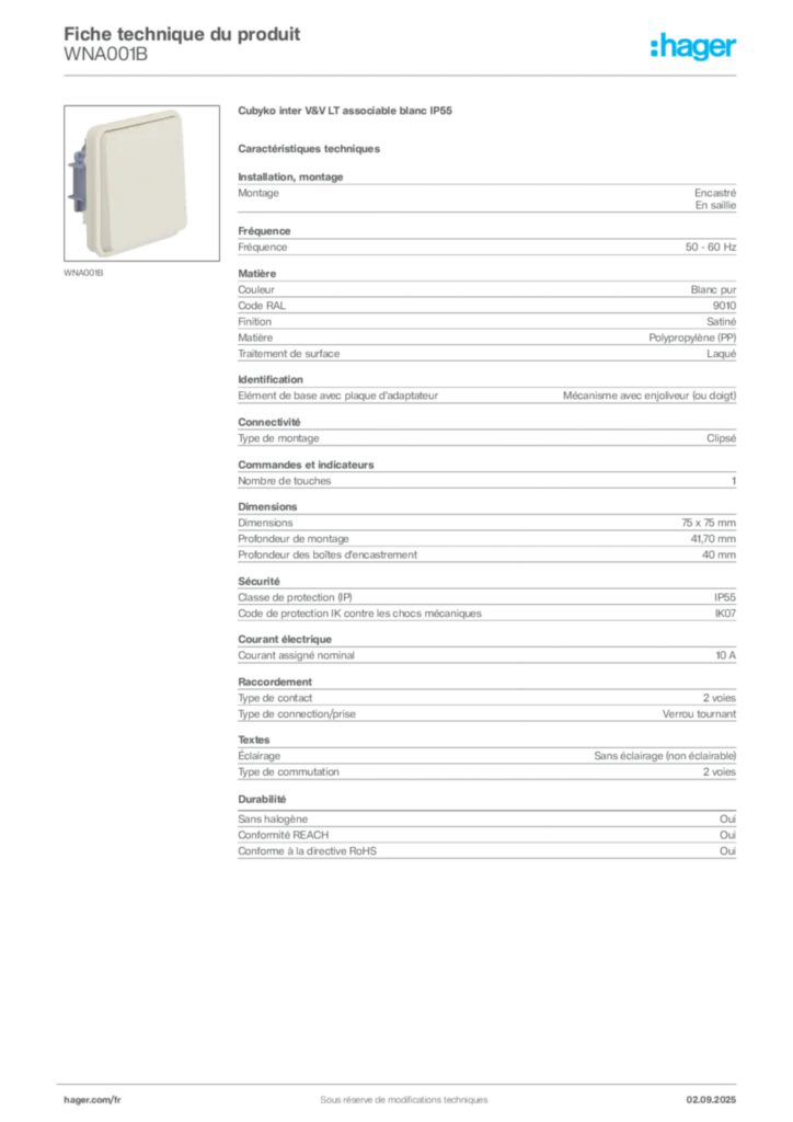 Image Hager Fiche technique du produit WNA001B | Hager France