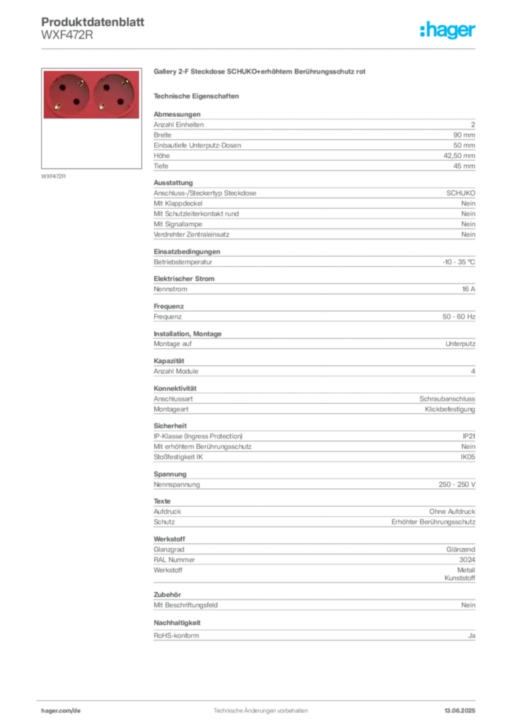 Hager Produktdatenblatt WXF472R