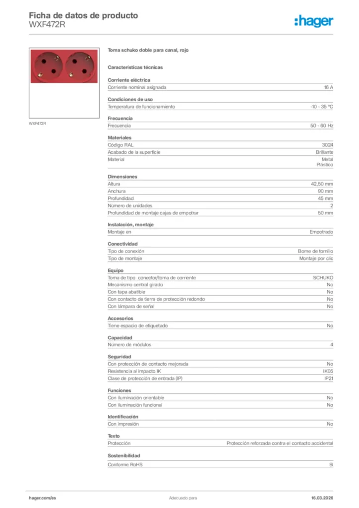 Imagen Hager Ficha de datos de producto WXF472R | Hager España