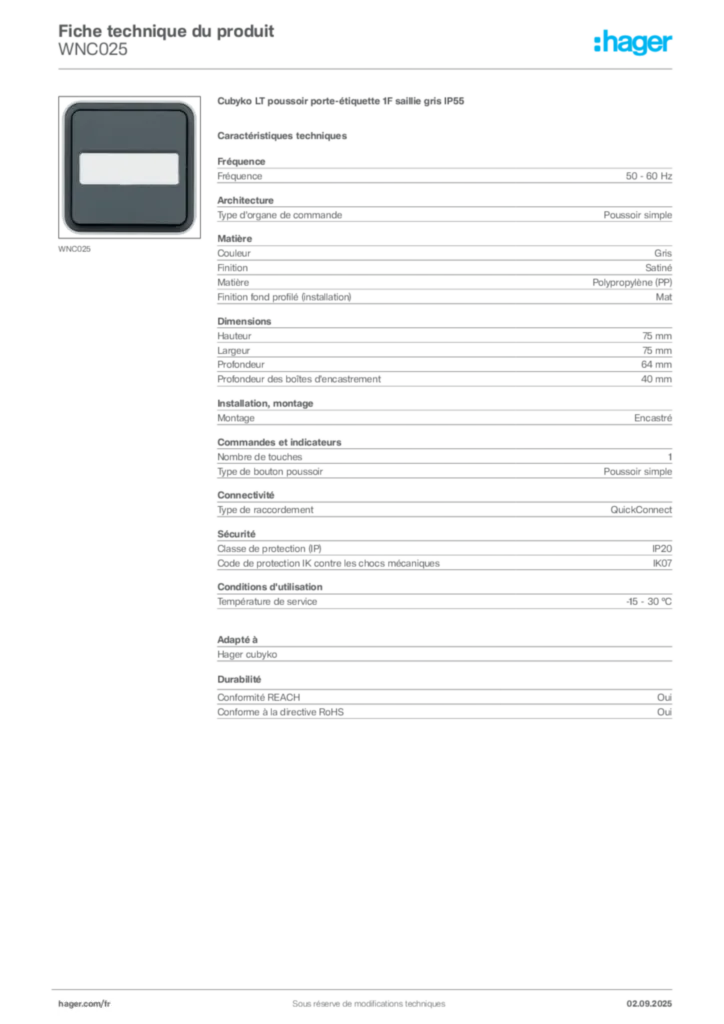 Image Hager Fiche technique du produit WNC025 | Hager France