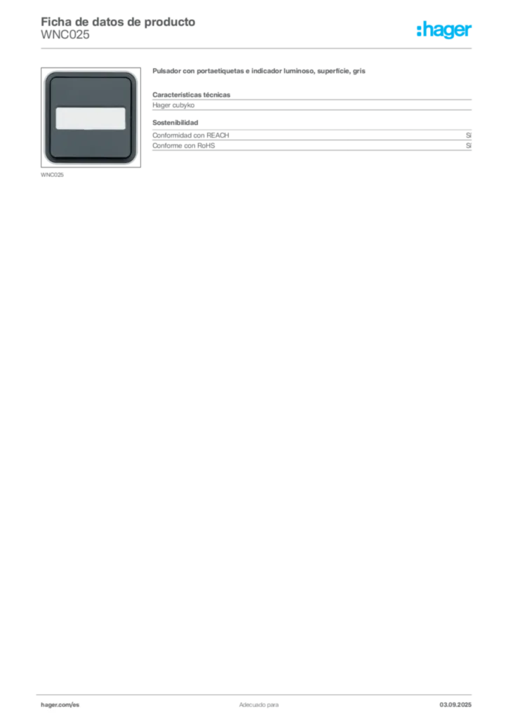 Imagen Hager Ficha de datos de producto WNC025 | Hager España