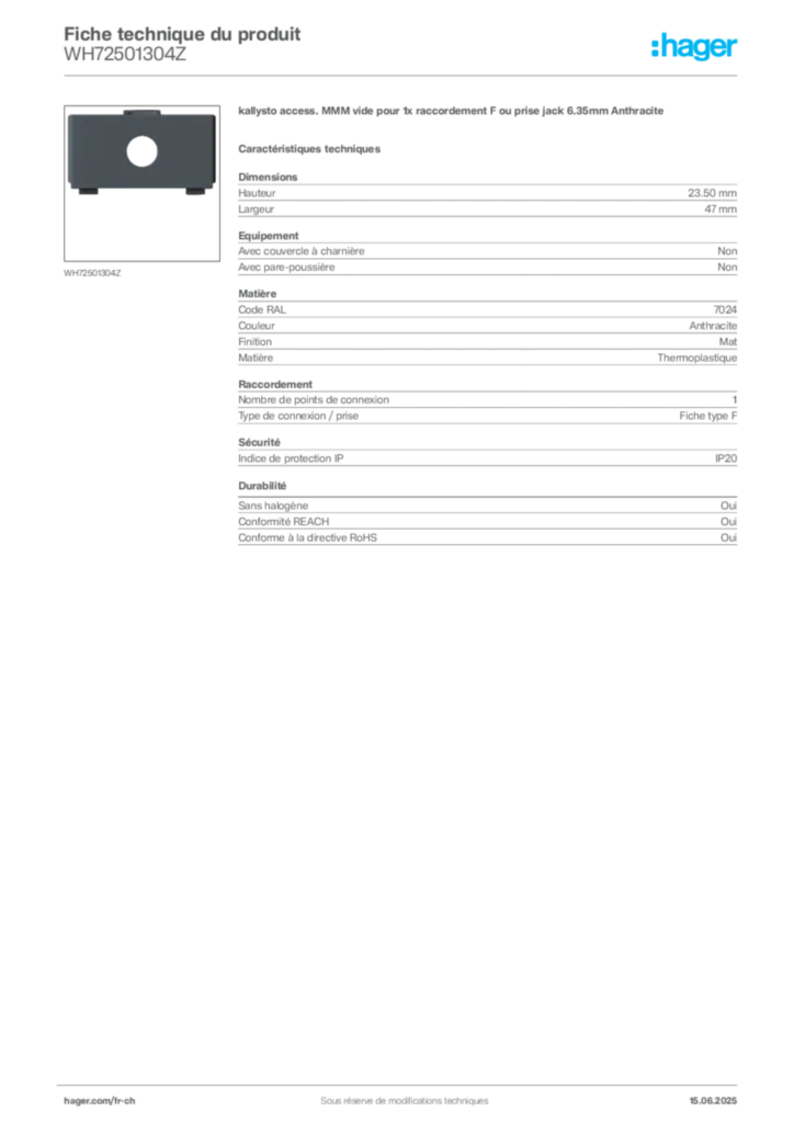Image Hager Fiche technique du produit WH72501304Z | Hager Suisse