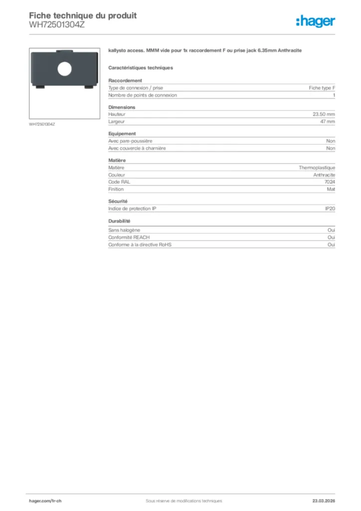 Image Hager Fiche technique du produit WH72501304Z | Hager Suisse