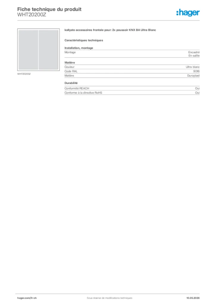Image Hager Fiche technique du produit WHT20200Z | Hager Suisse